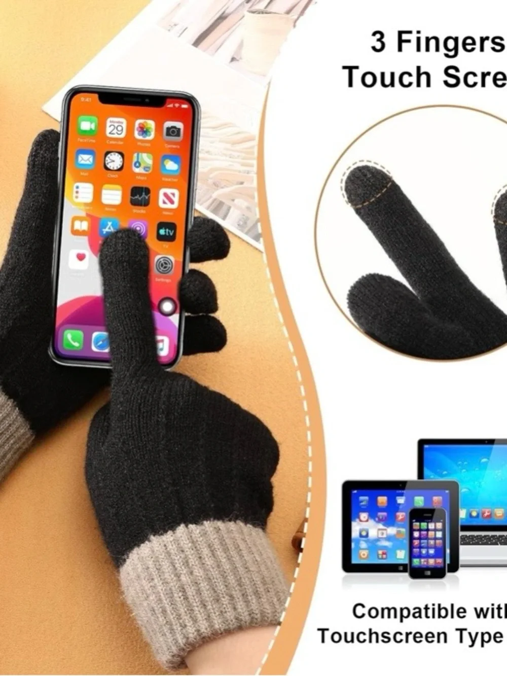 Clothirily Women Winter Gloves 2 Pair Black Orange Touchscreen Thermal Warm